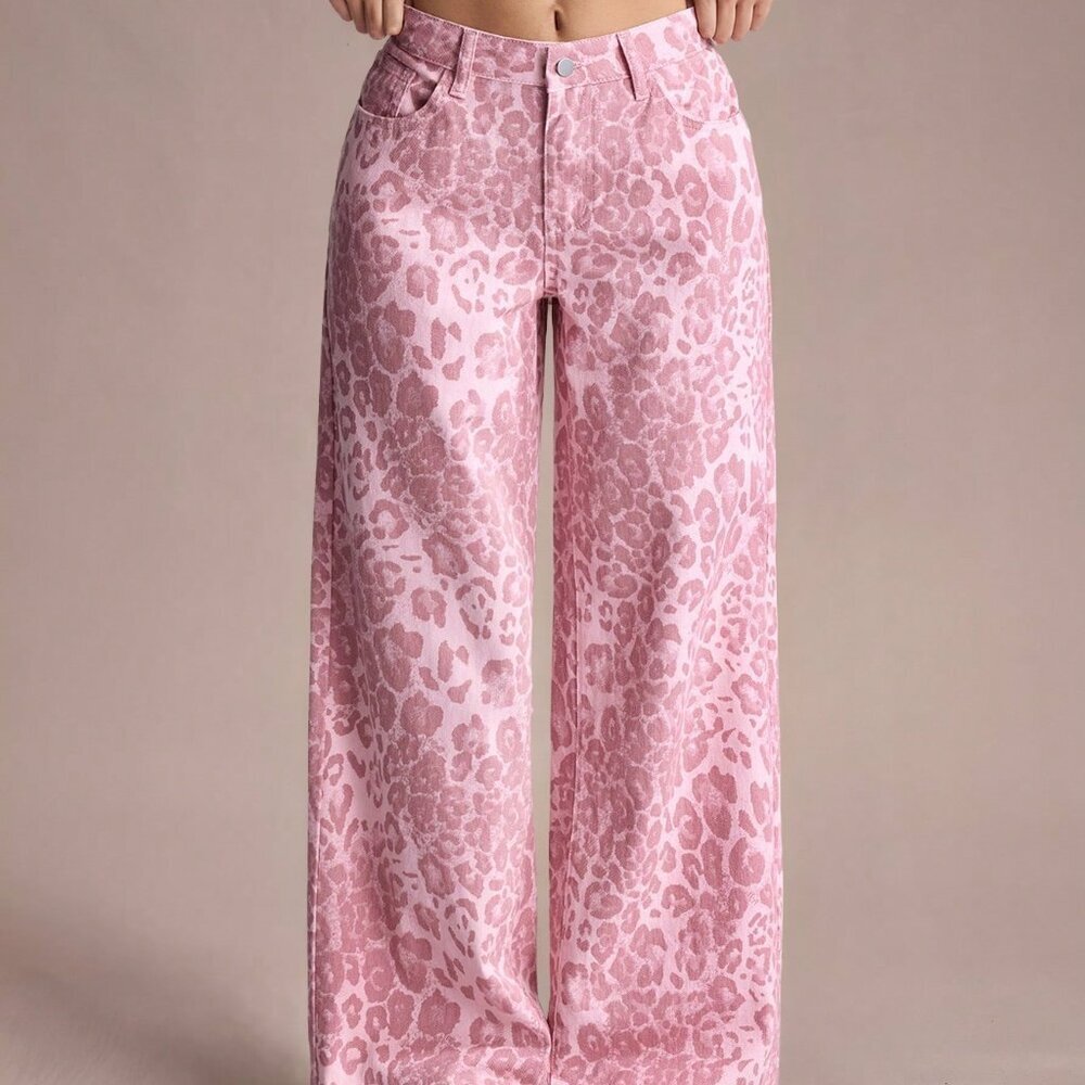 Pink Casual Women's Leopard Print Pocketed Loose Fit Wide Leg Jeans - Picture 4 of 6